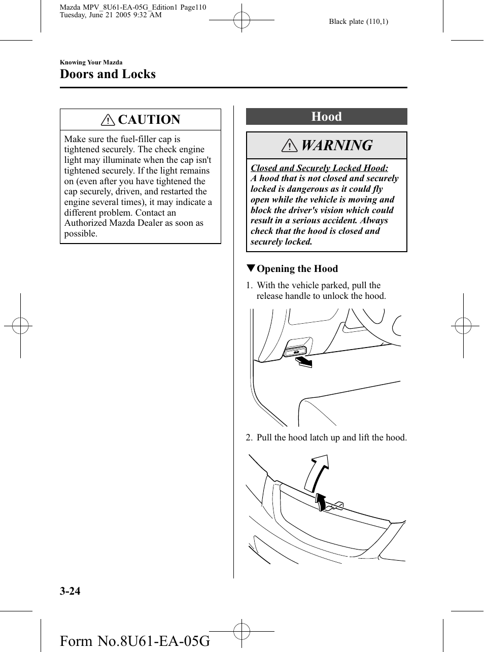 Hood, Hood -24, Warning | Caution, Doors and locks | Mazda 2006 MPV User Manual | Page 110 / 364