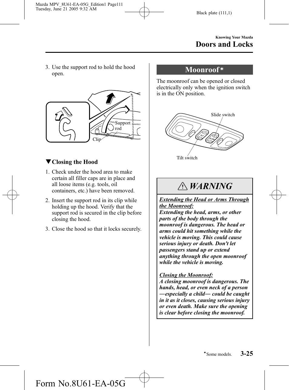 Moonroof, Warning, Doors and locks | Mazda 2006 MPV User Manual | Page 111 / 364