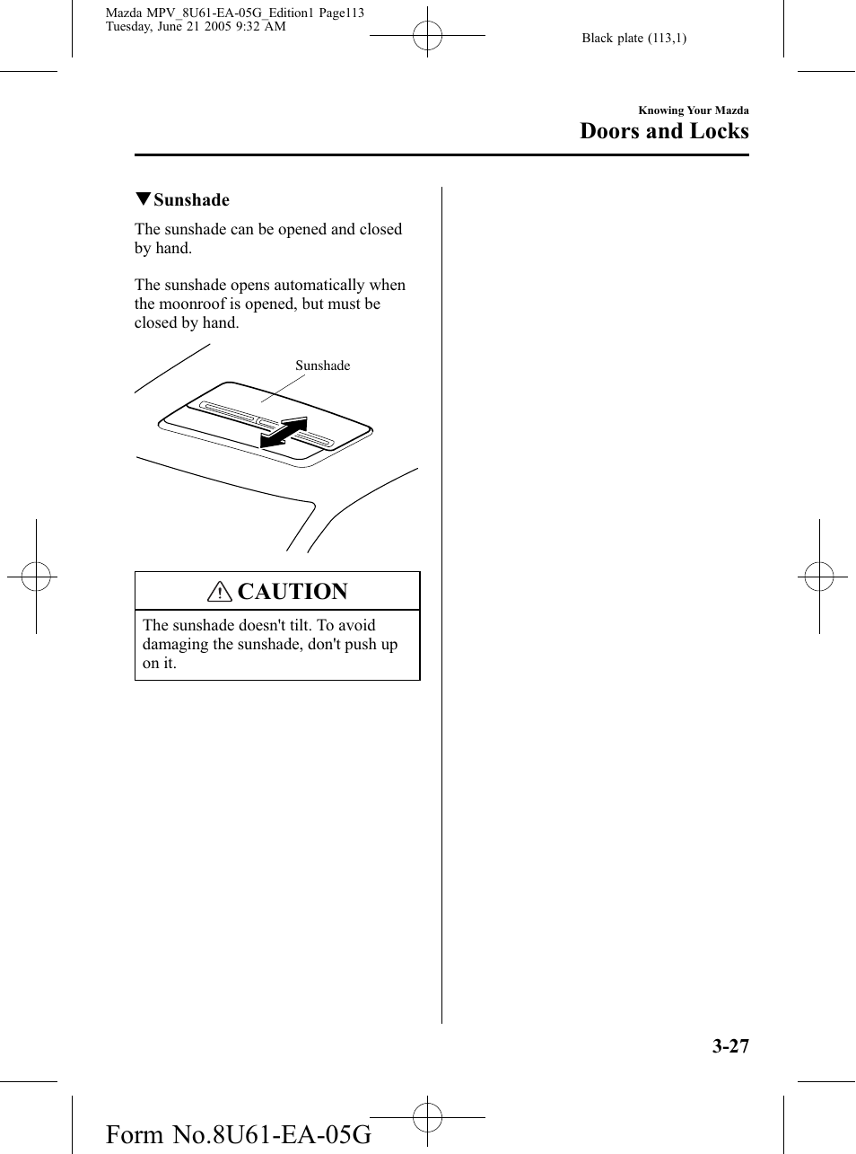 Caution, Doors and locks | Mazda 2006 MPV User Manual | Page 113 / 364