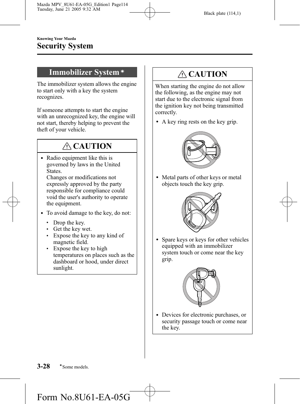 Security system, Immobilizer system, Security system -28 | Caution | Mazda 2006 MPV User Manual | Page 114 / 364