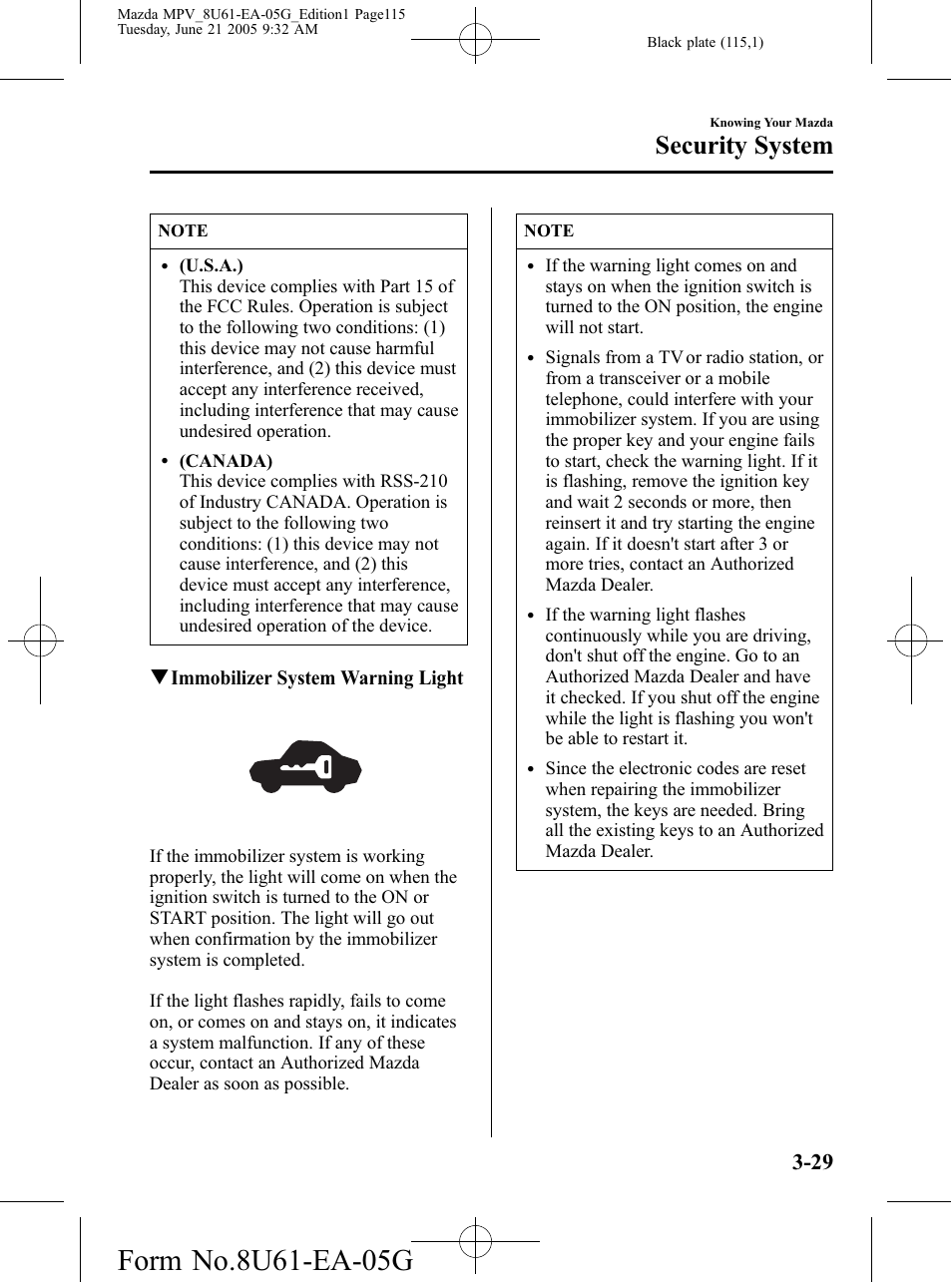 Security system, Qimmobilizer system warning light | Mazda 2006 MPV User Manual | Page 115 / 364