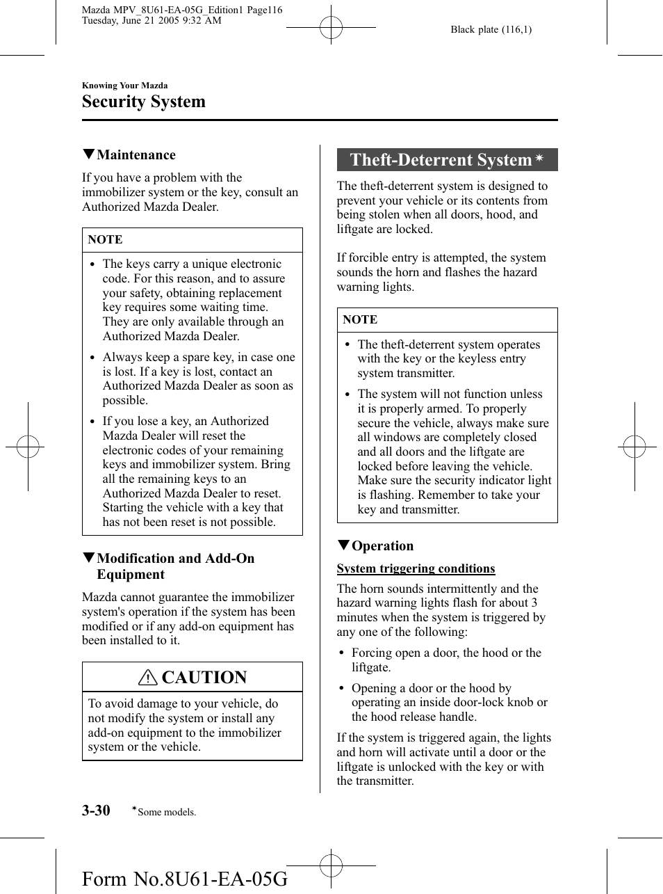 Theft-deterrent system, Caution, Security system | Mazda 2006 MPV User Manual | Page 116 / 364