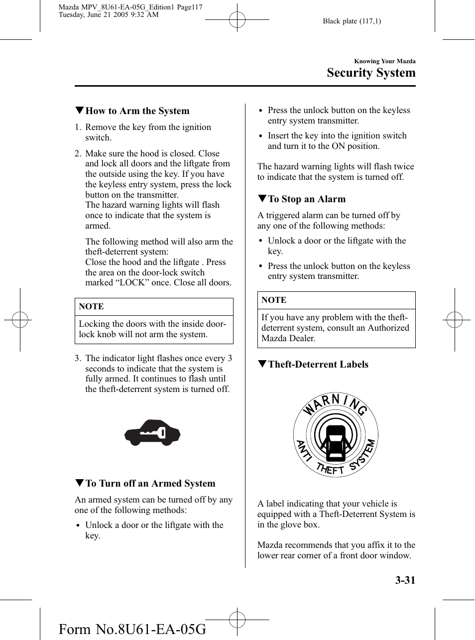 Security system | Mazda 2006 MPV User Manual | Page 117 / 364