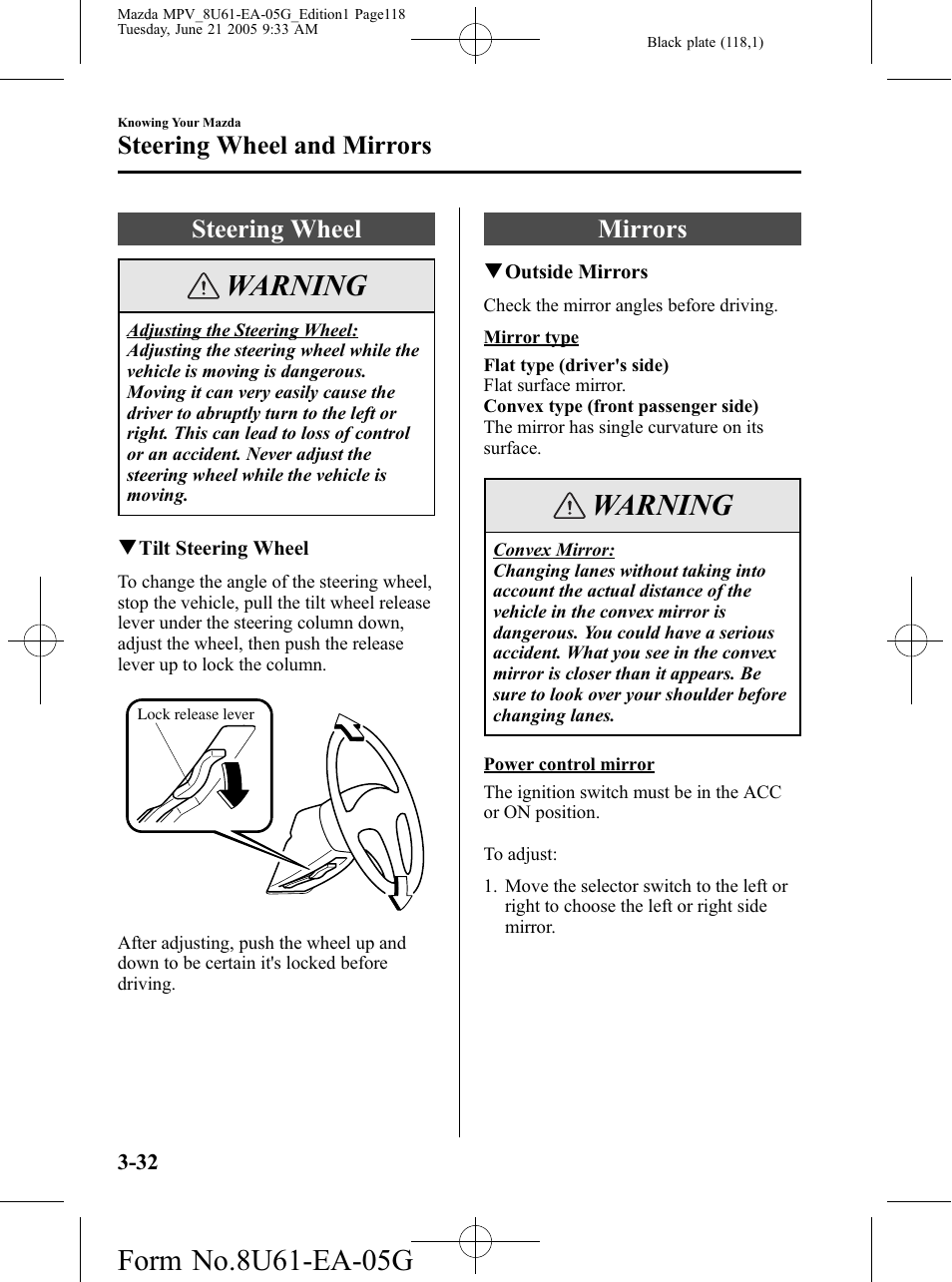 Steering wheel and mirrors, Steering wheel, Mirrors | Steering wheel and mirrors -32, Steering wheel -32 mirrors -32, Warning | Mazda 2006 MPV User Manual | Page 118 / 364