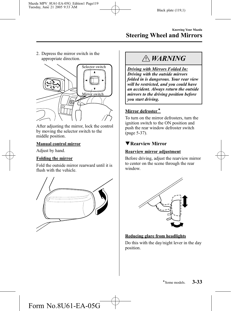 Warning, Steering wheel and mirrors | Mazda 2006 MPV User Manual | Page 119 / 364