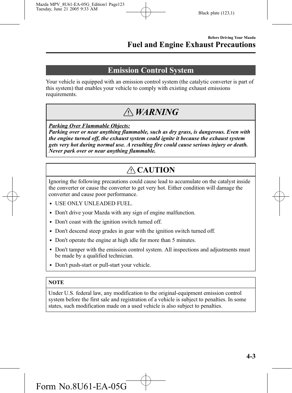 Emission control system, Emission control system -3, Warning | Caution, Fuel and engine exhaust precautions | Mazda 2006 MPV User Manual | Page 123 / 364