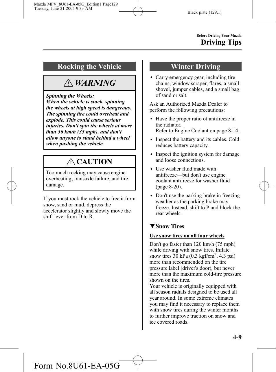 Rocking the vehicle, Winter driving, Rocking the vehicle -9 winter driving -9 | Warning, Caution, Driving tips | Mazda 2006 MPV User Manual | Page 129 / 364