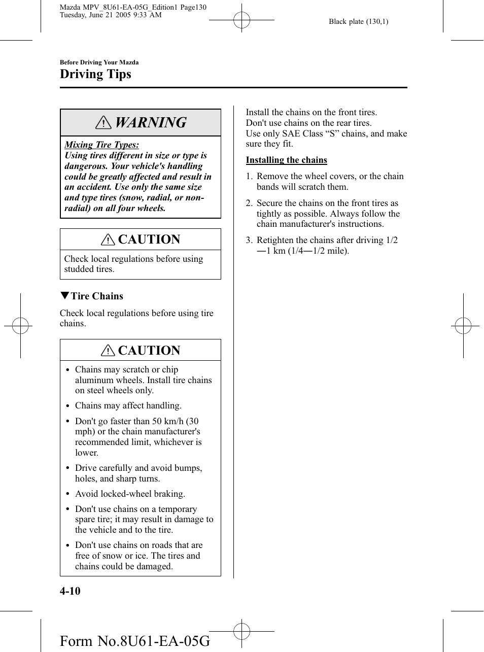 Warning, Caution, Driving tips | Mazda 2006 MPV User Manual | Page 130 / 364