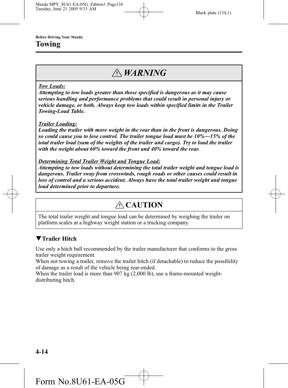 Warning, Caution, Towing | Mazda 2006 MPV User Manual | Page 134 / 364