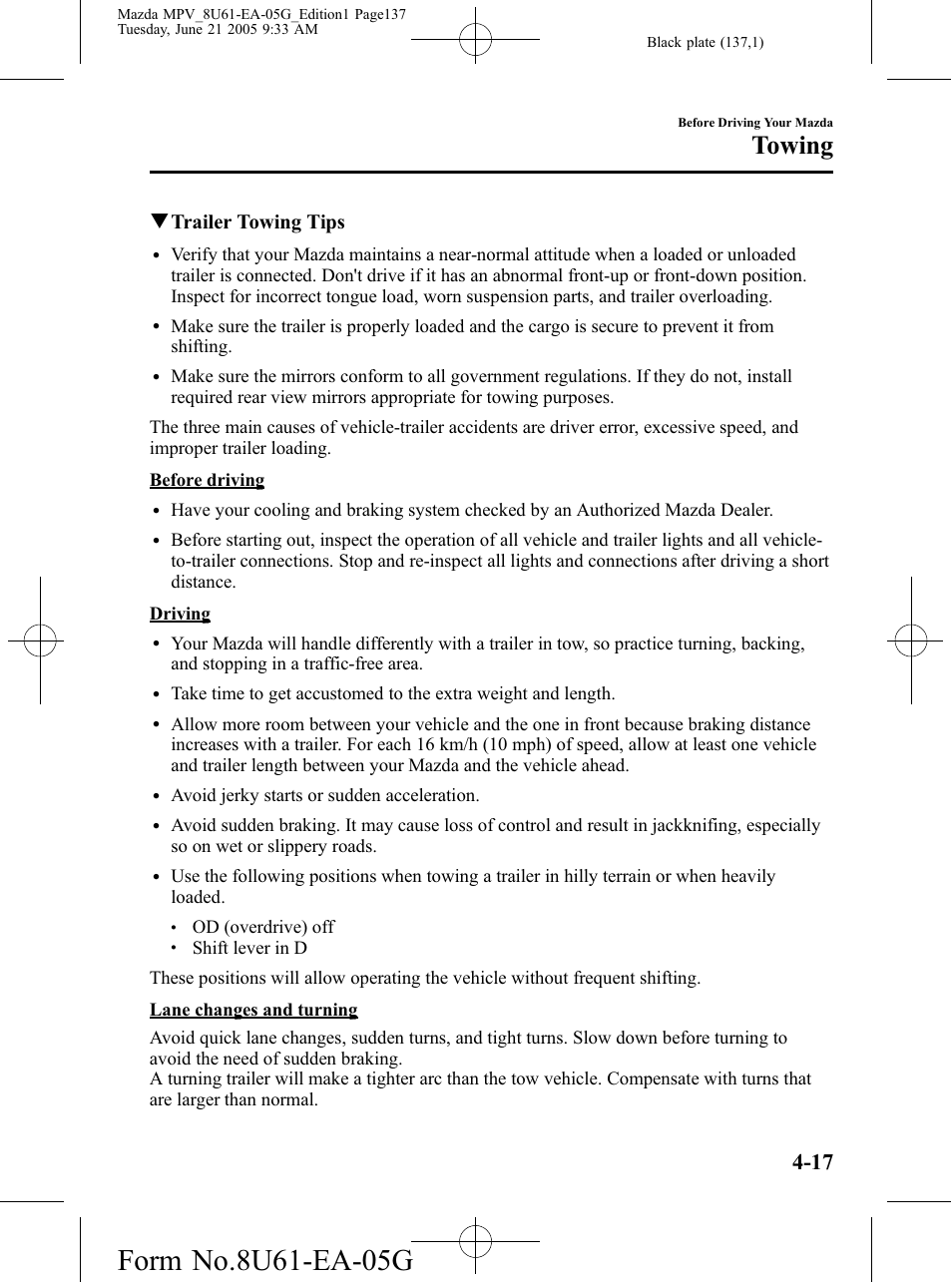 Towing, Qtrailer towing tips | Mazda 2006 MPV User Manual | Page 137 / 364