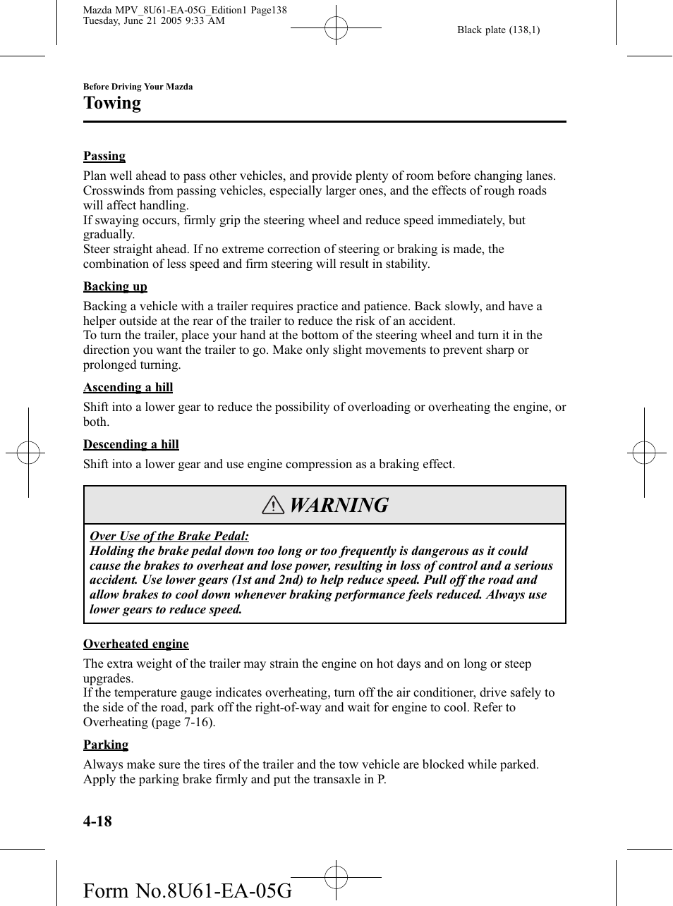 Warning, Towing | Mazda 2006 MPV User Manual | Page 138 / 364