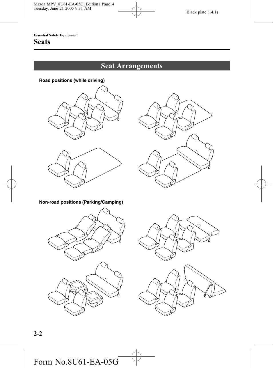 Seats, Seat arrangements, Seats -2 | Seat arrangements -2 | Mazda 2006 MPV User Manual | Page 14 / 364