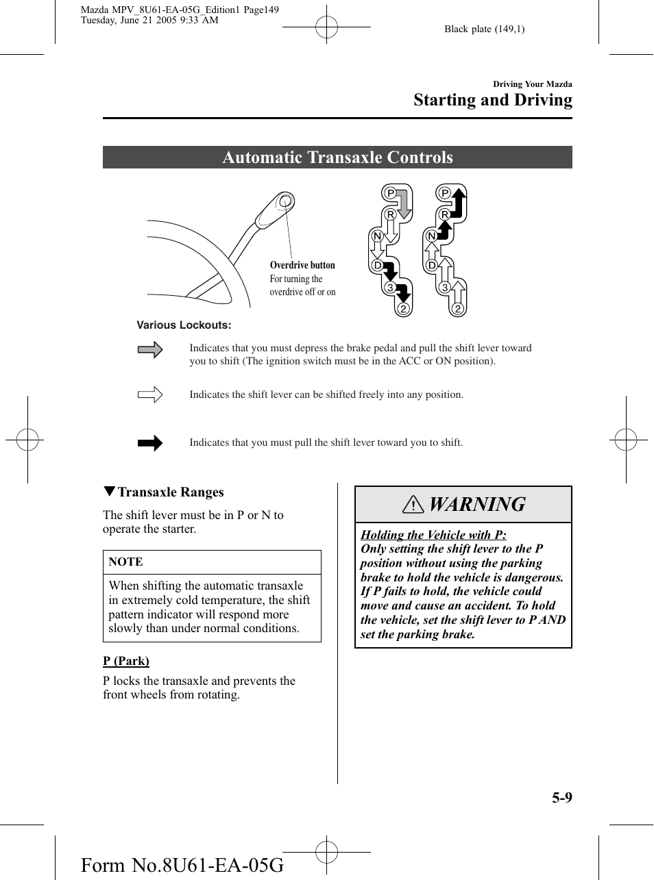 Automatic transaxle controls, Automatic transaxle controls -9, Warning | Starting and driving | Mazda 2006 MPV User Manual | Page 149 / 364