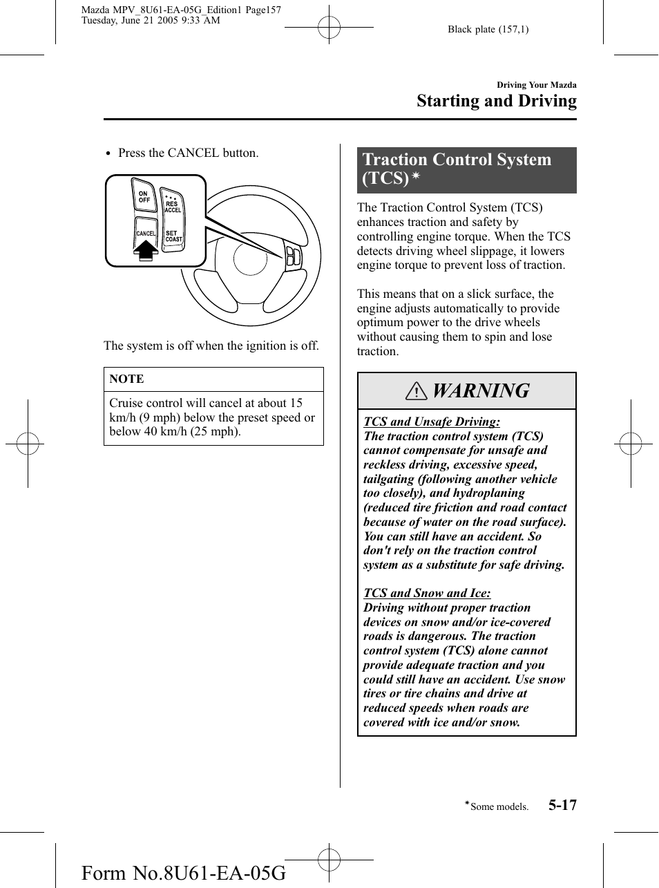 Traction control system (tcs), Warning, Starting and driving | Mazda 2006 MPV User Manual | Page 157 / 364