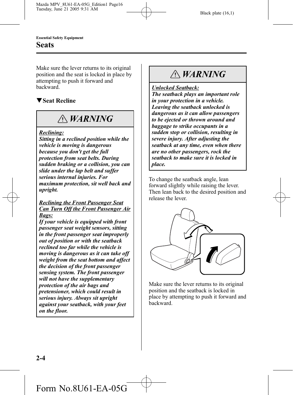 Warning, Seats | Mazda 2006 MPV User Manual | Page 16 / 364