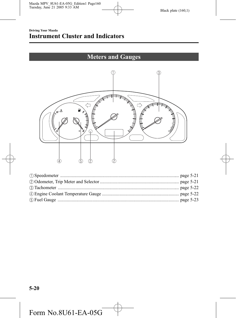 Instrument cluster and indicators, Meters and gauges, Instrument cluster and indicators -20 | Meters and gauges -20 | Mazda 2006 MPV User Manual | Page 160 / 364