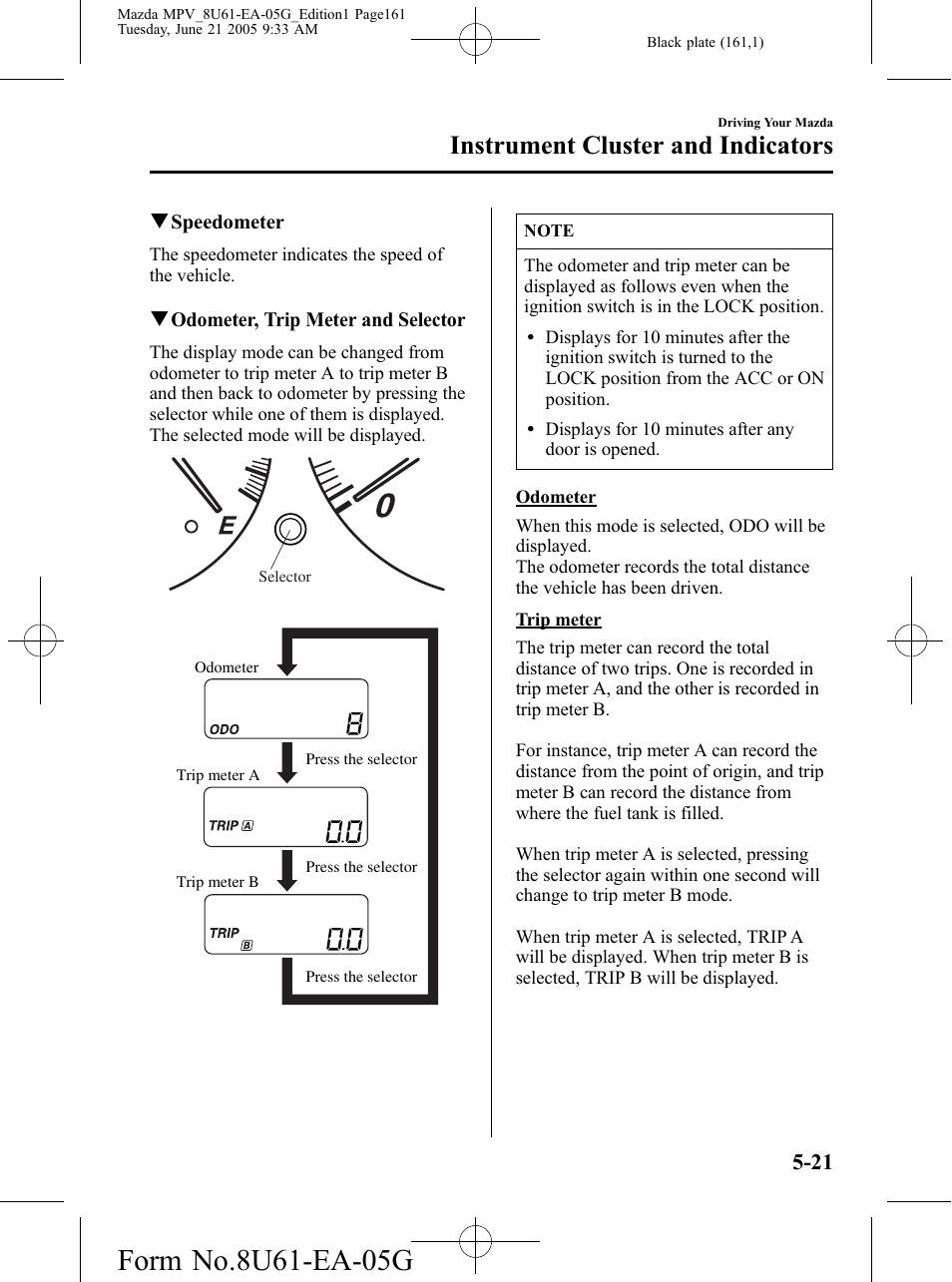 Instrument cluster and indicators | Mazda 2006 MPV User Manual | Page 161 / 364