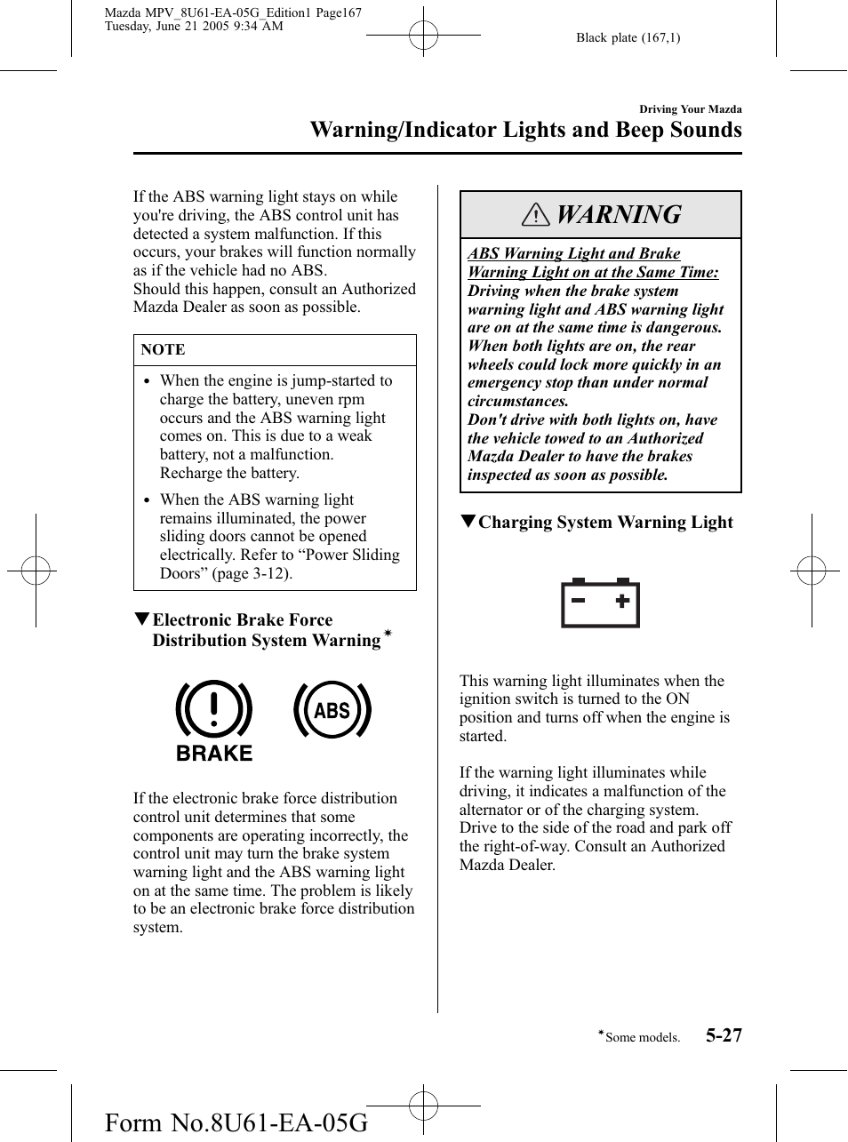 Warning, Warning/indicator lights and beep sounds | Mazda 2006 MPV User Manual | Page 167 / 364