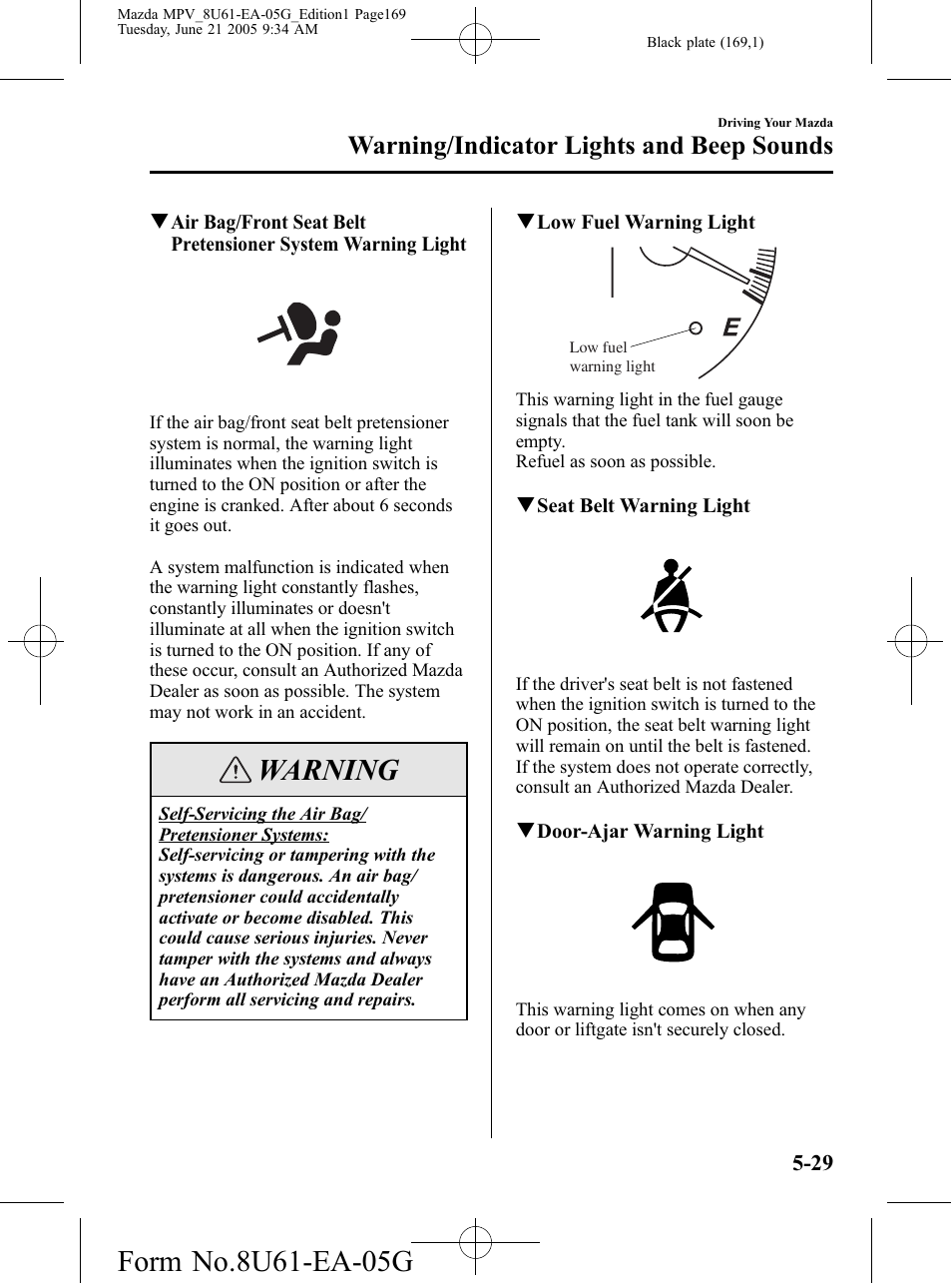 Warning, Warning/indicator lights and beep sounds | Mazda 2006 MPV User Manual | Page 169 / 364