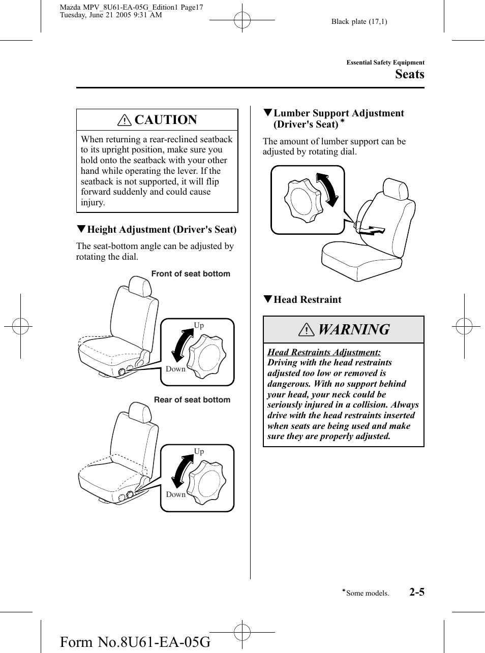 Warning, Caution, Seats | Mazda 2006 MPV User Manual | Page 17 / 364