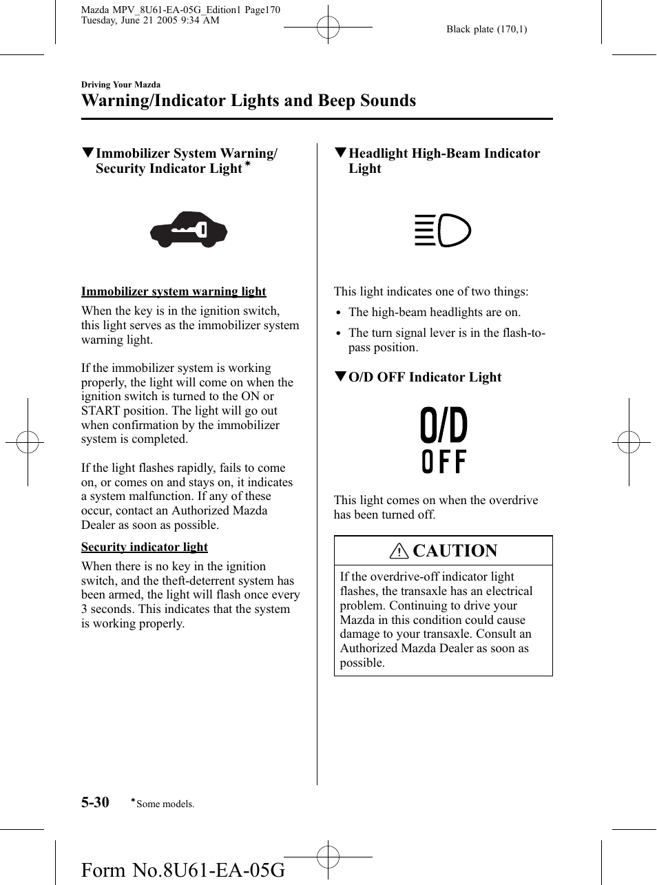 Caution, Warning/indicator lights and beep sounds | Mazda 2006 MPV User Manual | Page 170 / 364