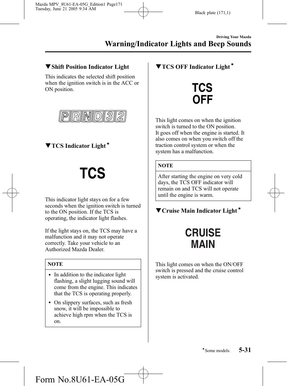 Warning/indicator lights and beep sounds | Mazda 2006 MPV User Manual | Page 171 / 364