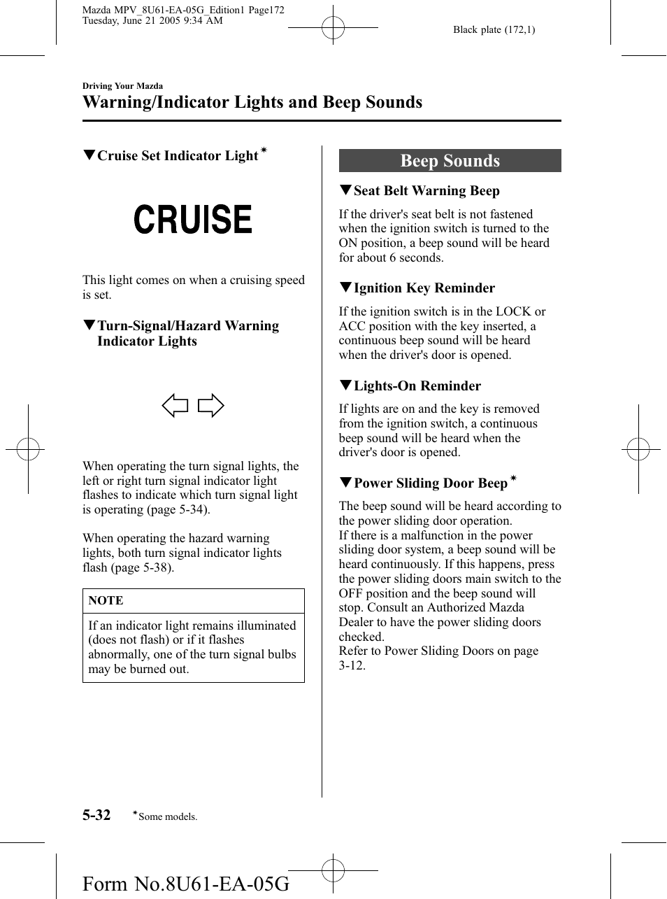 Beep sounds, Beep sounds -32, Warning/indicator lights and beep sounds | Mazda 2006 MPV User Manual | Page 172 / 364