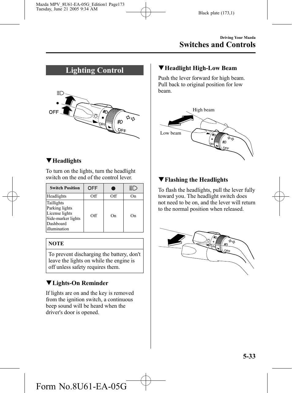 Switches and controls, Lighting control, Switches and controls -33 | Lighting control -33 | Mazda 2006 MPV User Manual | Page 173 / 364