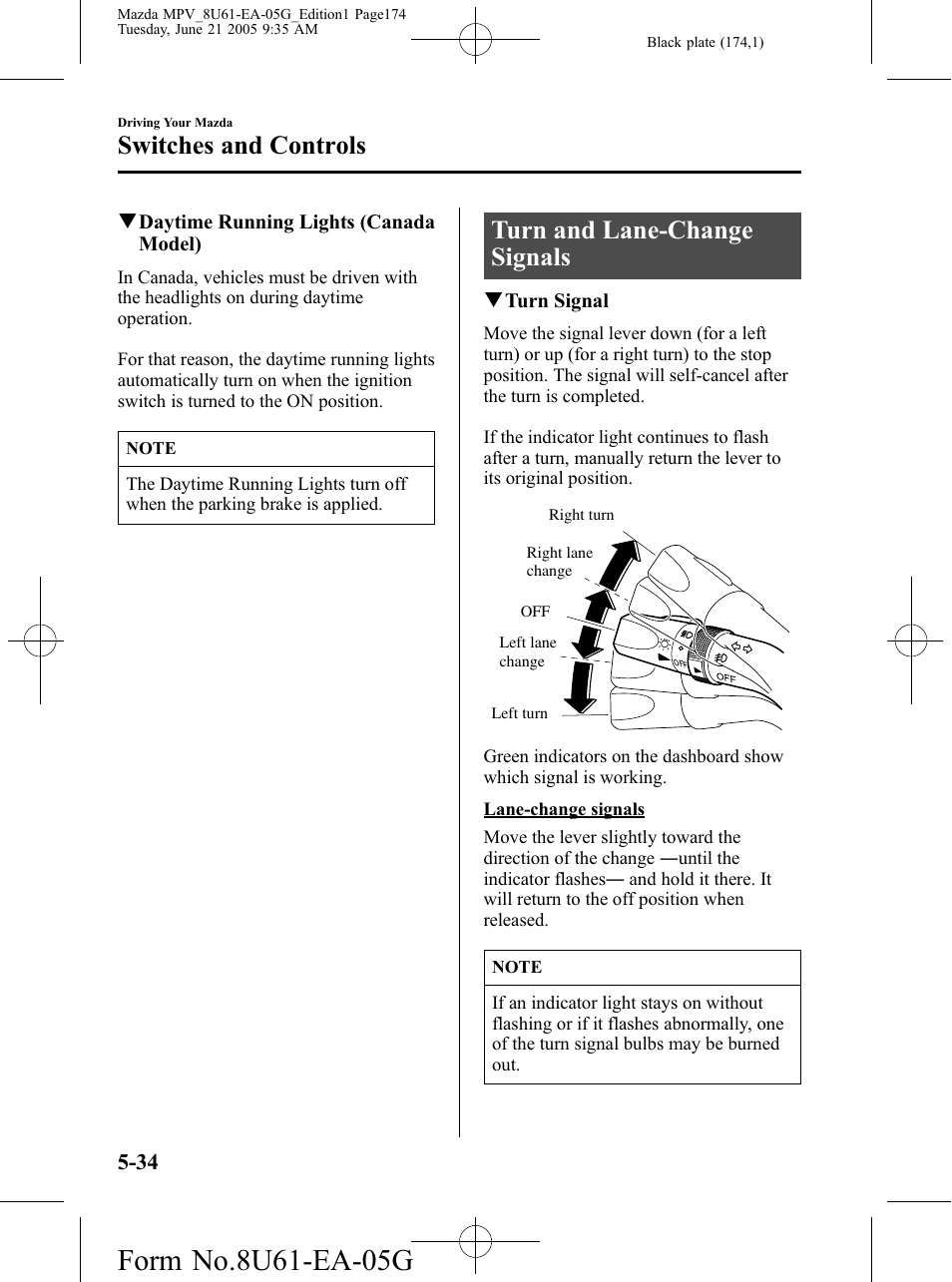 Turn and lane-change signals, Turn and lane-change signals -34, Switches and controls | Mazda 2006 MPV User Manual | Page 174 / 364