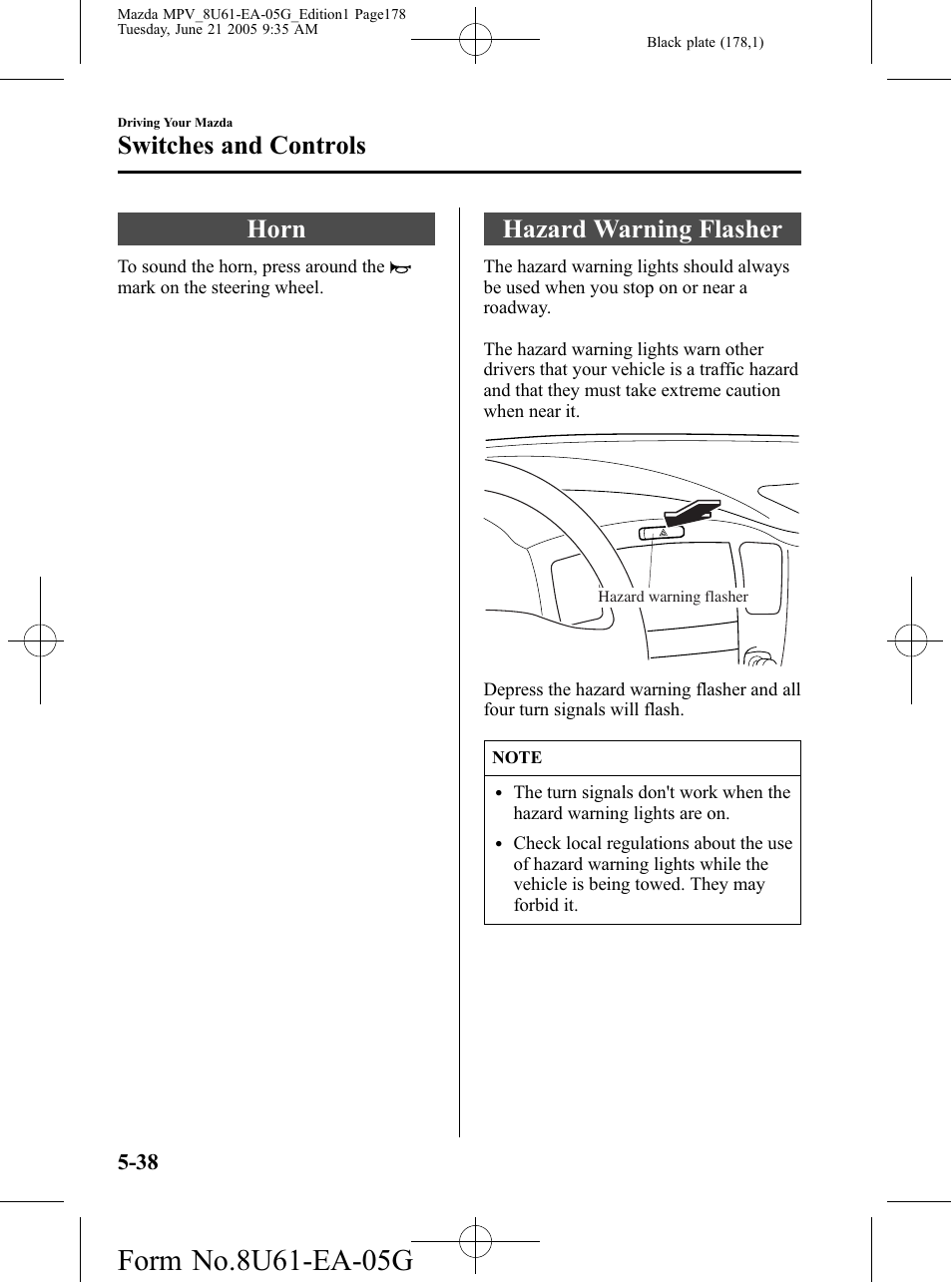 Horn, Hazard warning flasher, Horn -38 hazard warning flasher -38 | Switches and controls | Mazda 2006 MPV User Manual | Page 178 / 364