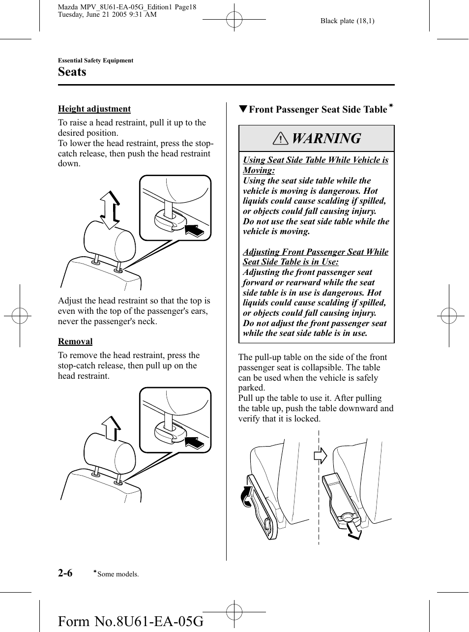 Warning, Seats | Mazda 2006 MPV User Manual | Page 18 / 364