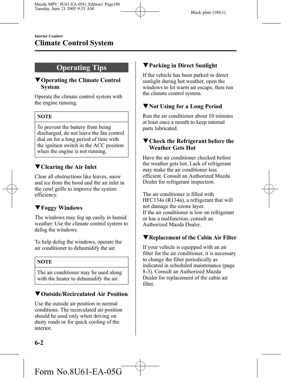 Climate control system, Operating tips, Climate control system -2 | Operating tips -2 | Mazda 2006 MPV User Manual | Page 180 / 364