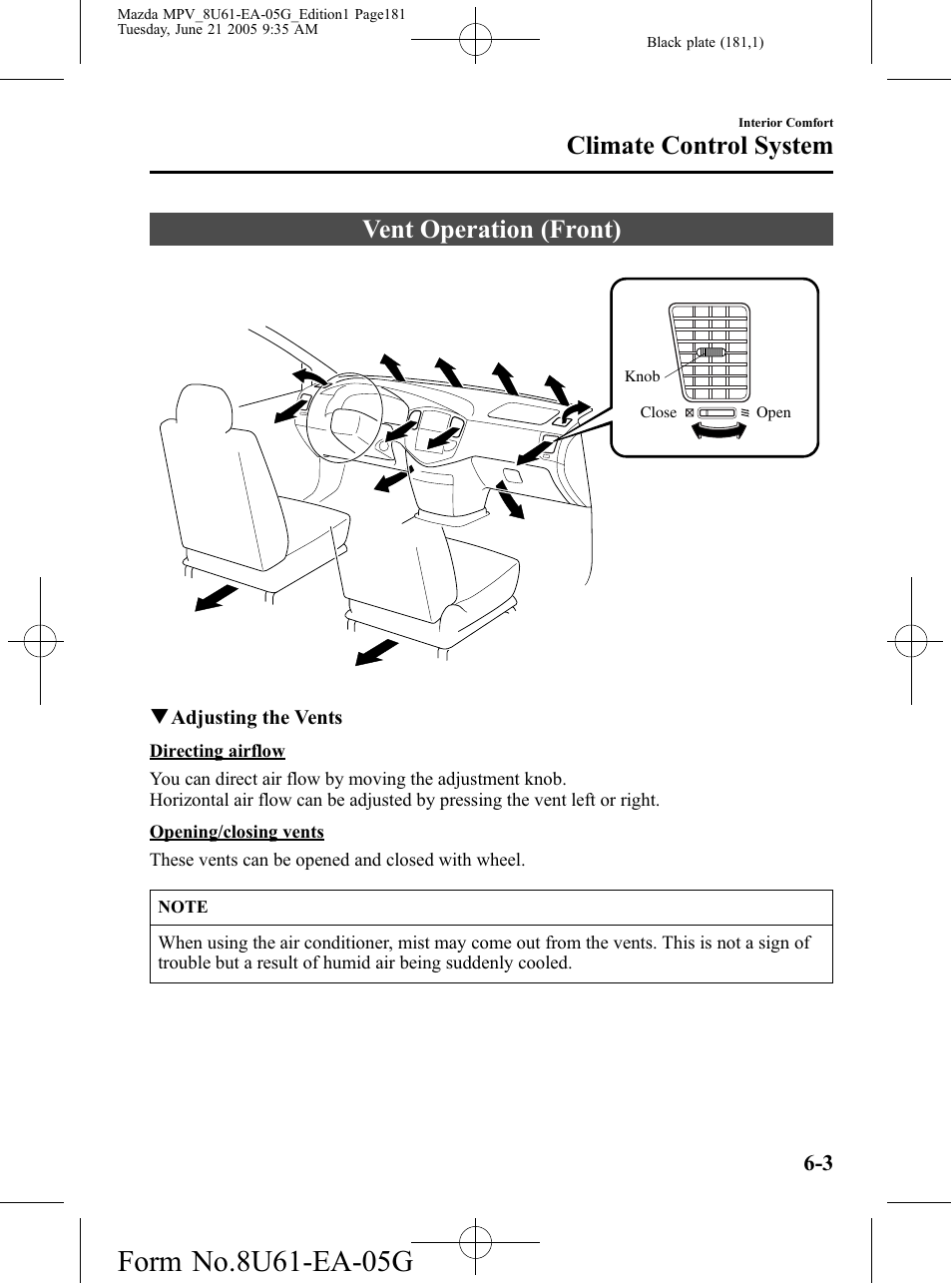 Vent operation (front), Vent operation (front) -3, Climate control system | Mazda 2006 MPV User Manual | Page 181 / 364