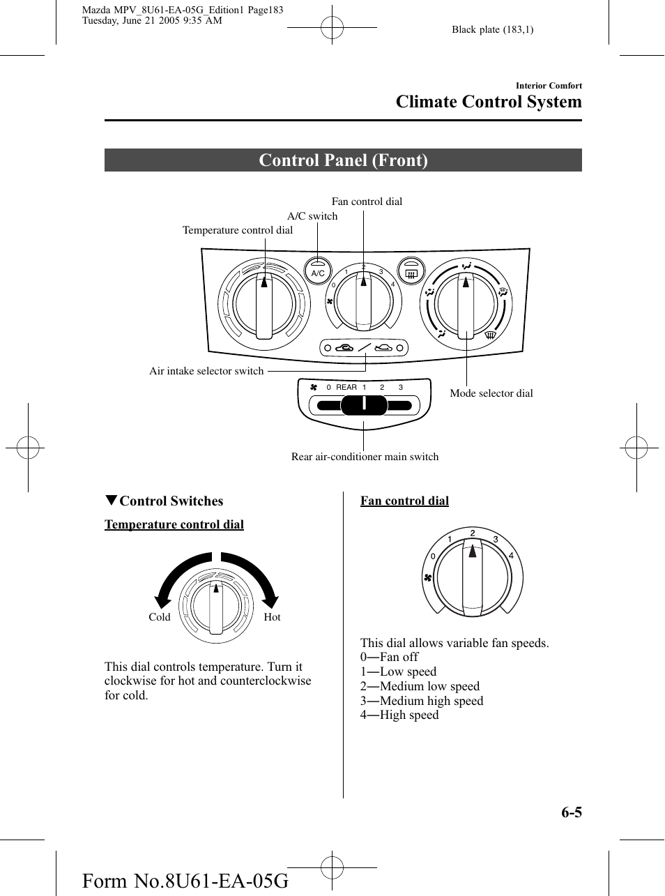 Control panel (front), Control panel (front) -5, Climate control system | Qcontrol switches | Mazda 2006 MPV User Manual | Page 183 / 364