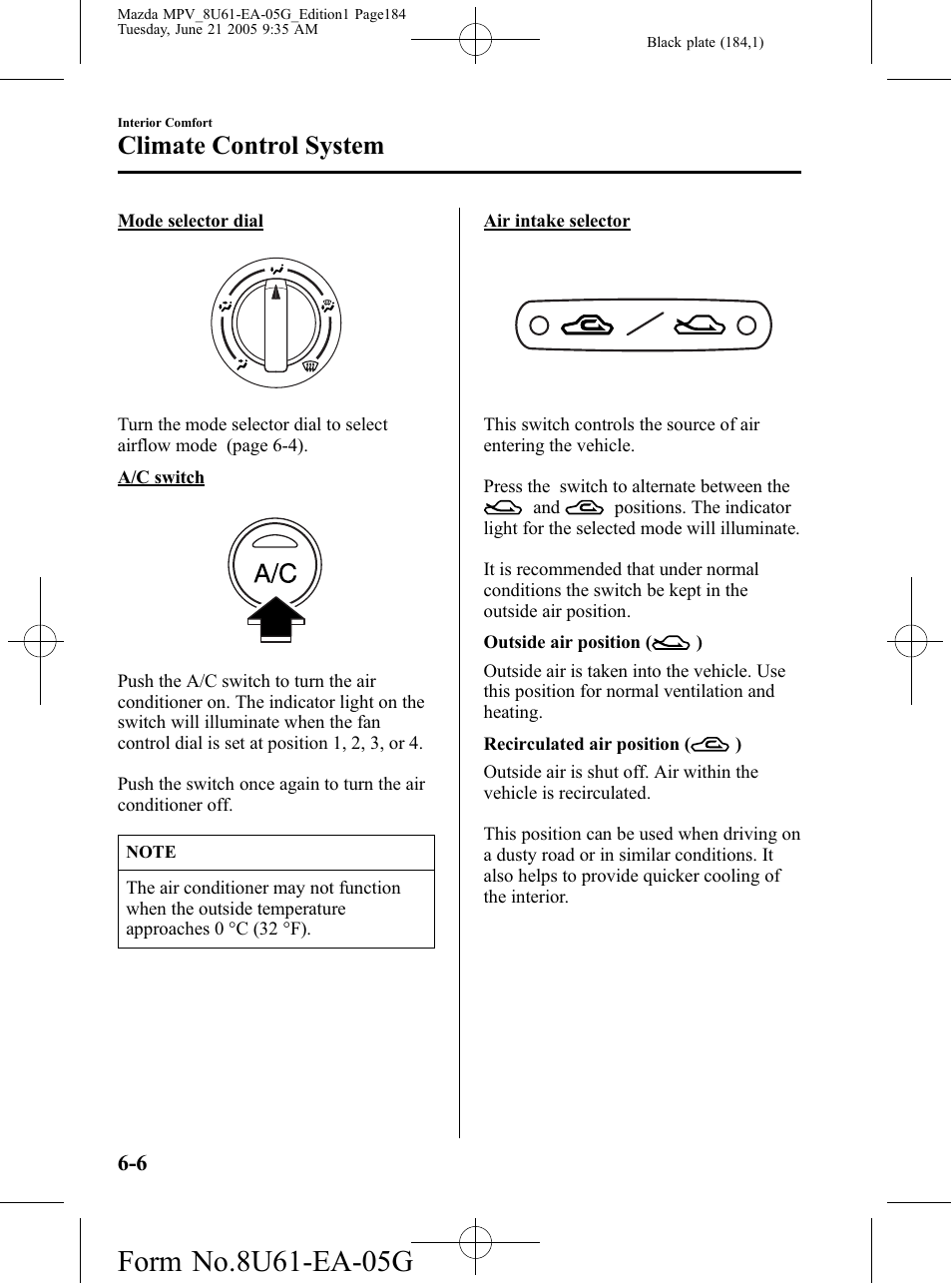 Climate control system | Mazda 2006 MPV User Manual | Page 184 / 364