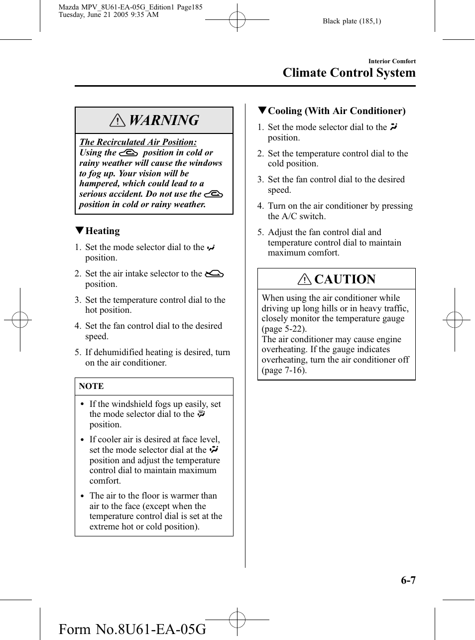 Warning, Caution, Climate control system | Mazda 2006 MPV User Manual | Page 185 / 364