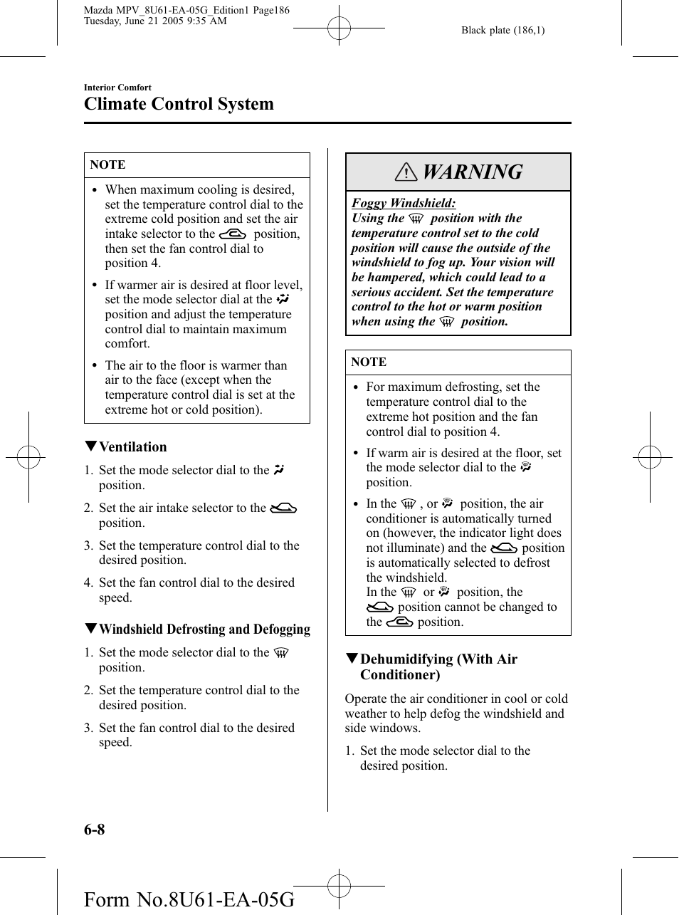 Warning, Climate control system | Mazda 2006 MPV User Manual | Page 186 / 364