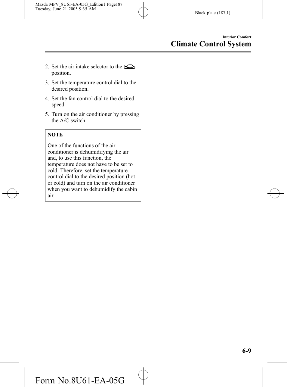 Climate control system | Mazda 2006 MPV User Manual | Page 187 / 364