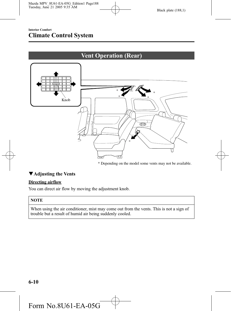 Vent operation (rear), Vent operation (rear) -10, Climate control system | Mazda 2006 MPV User Manual | Page 188 / 364