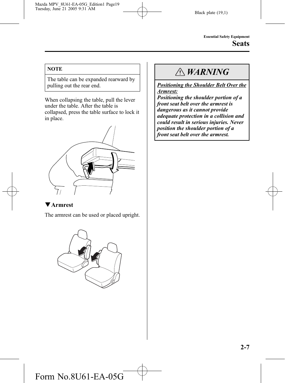 Warning, Seats | Mazda 2006 MPV User Manual | Page 19 / 364