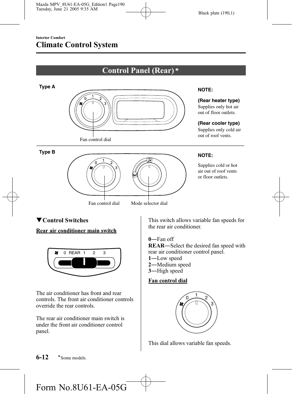 Control panel (rear), Climate control system | Mazda 2006 MPV User Manual | Page 190 / 364