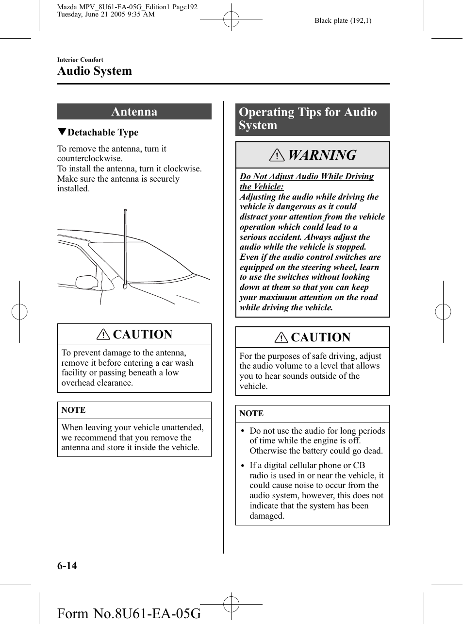 Audio system, Antenna, Operating tips for audio system | Audio system -14, Antenna -14 operating tips for audio system -14, Warning, Caution | Mazda 2006 MPV User Manual | Page 192 / 364