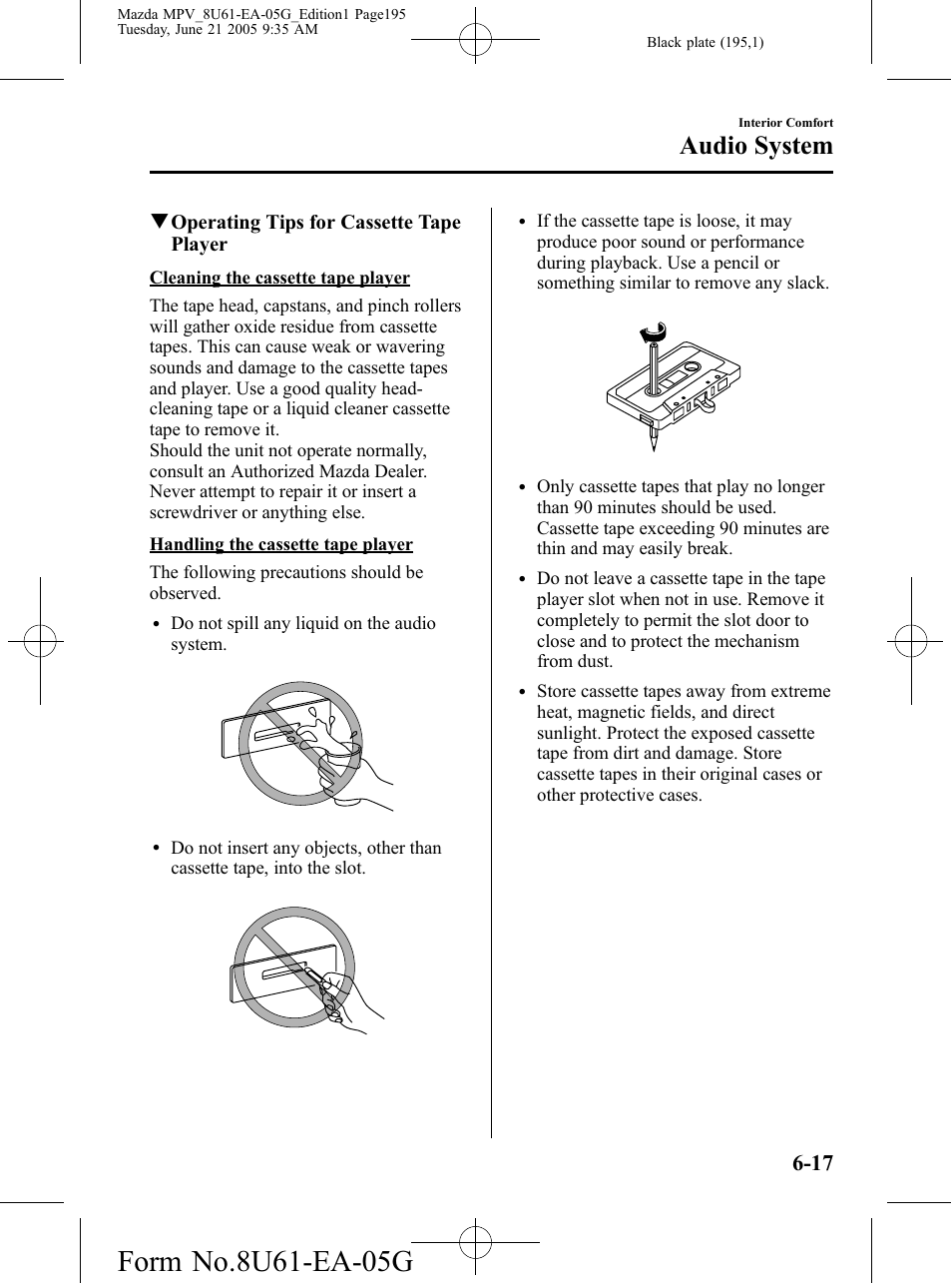 Audio system, Qoperating tips for cassette tape player | Mazda 2006 MPV User Manual | Page 195 / 364