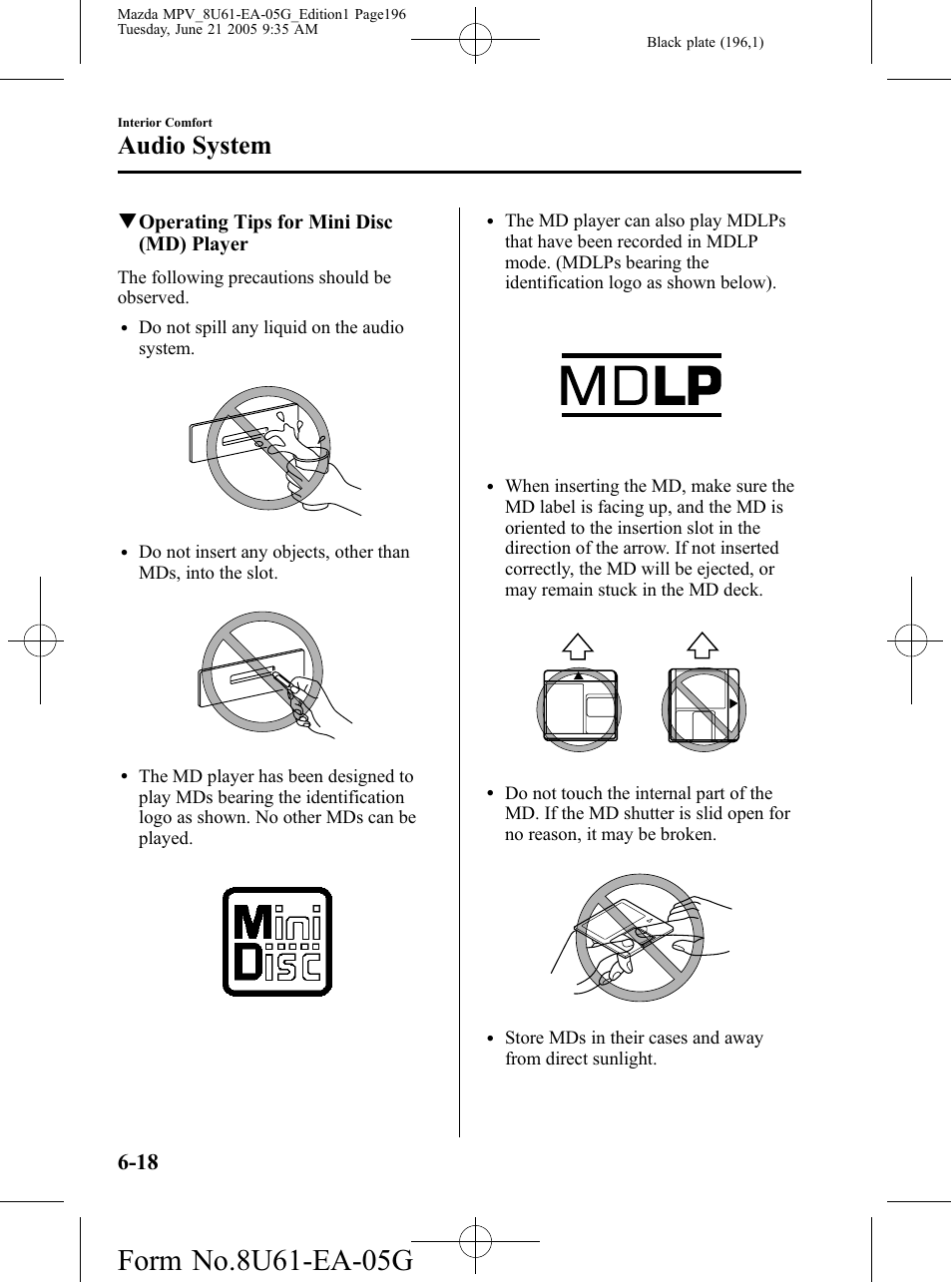 Audio system, Qoperating tips for mini disc (md) player | Mazda 2006 MPV User Manual | Page 196 / 364