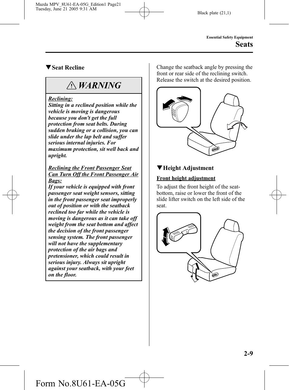 Warning, Seats | Mazda 2006 MPV User Manual | Page 21 / 364