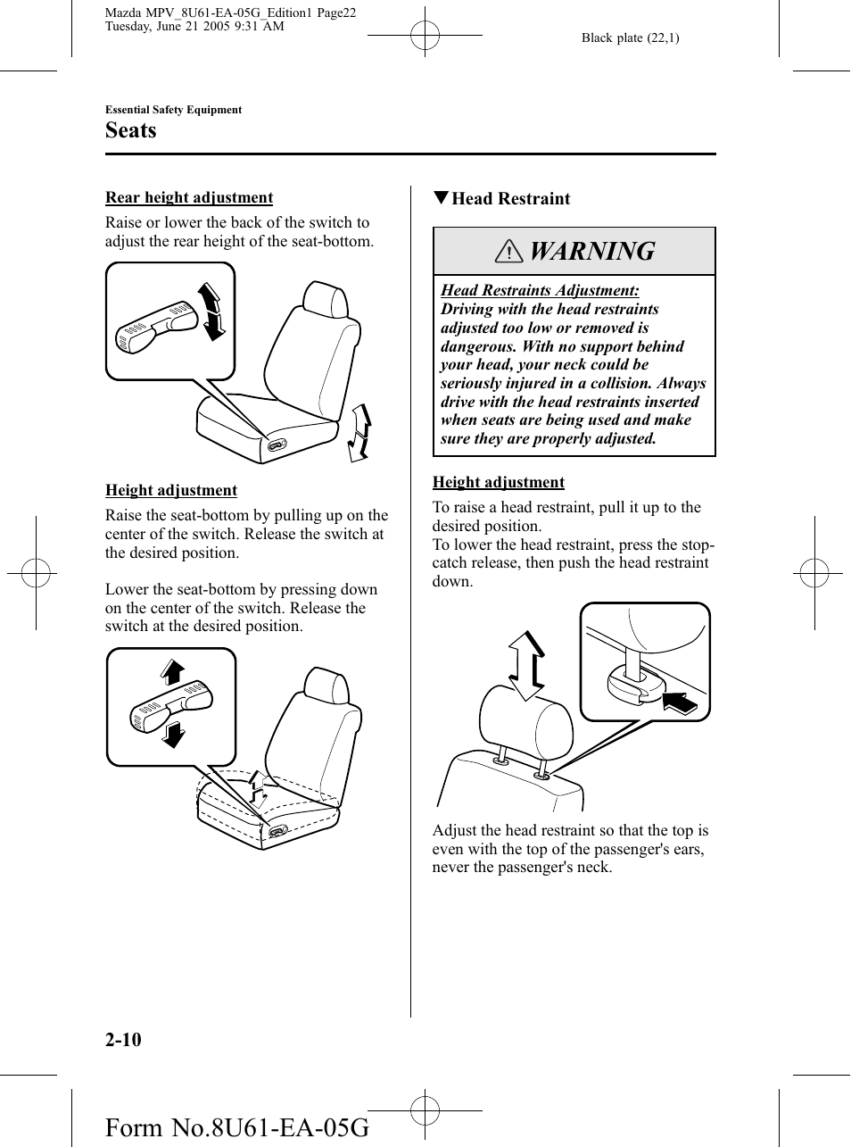 Warning, Seats | Mazda 2006 MPV User Manual | Page 22 / 364