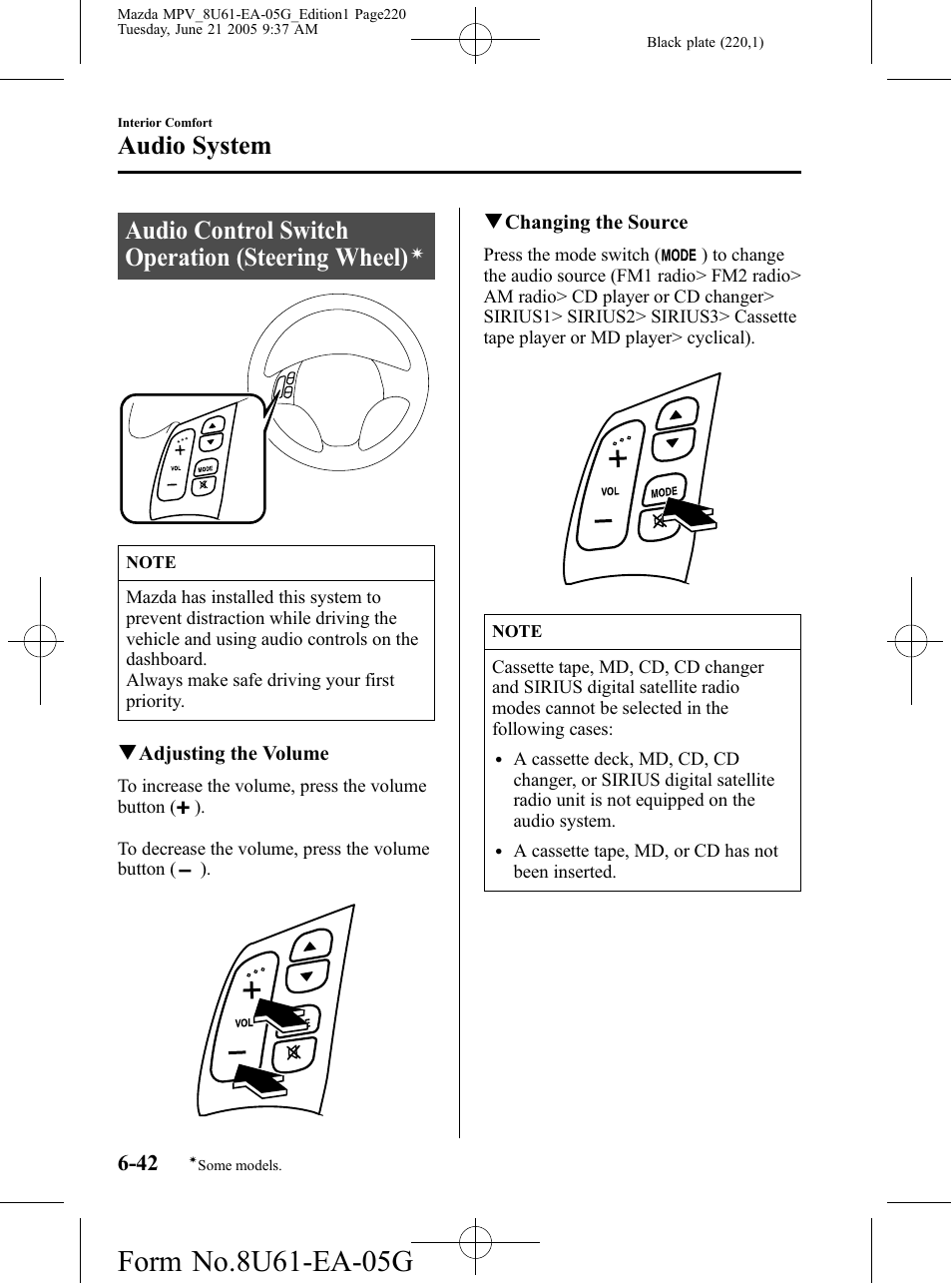 Audio control switch operation (steering wheel), Audio system | Mazda 2006 MPV User Manual | Page 220 / 364