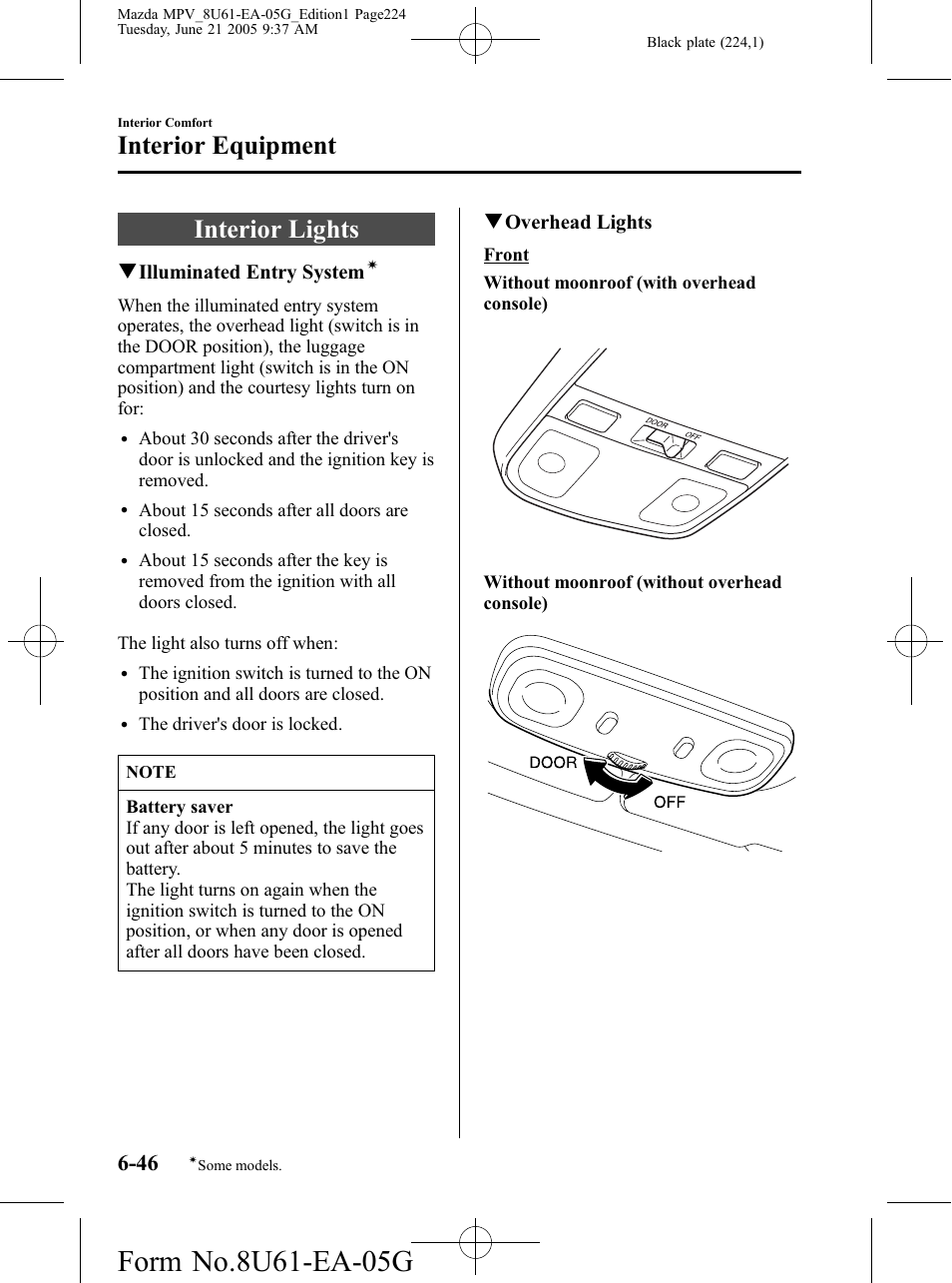 Interior lights, Interior lights -46, Interior equipment | Mazda 2006 MPV User Manual | Page 224 / 364