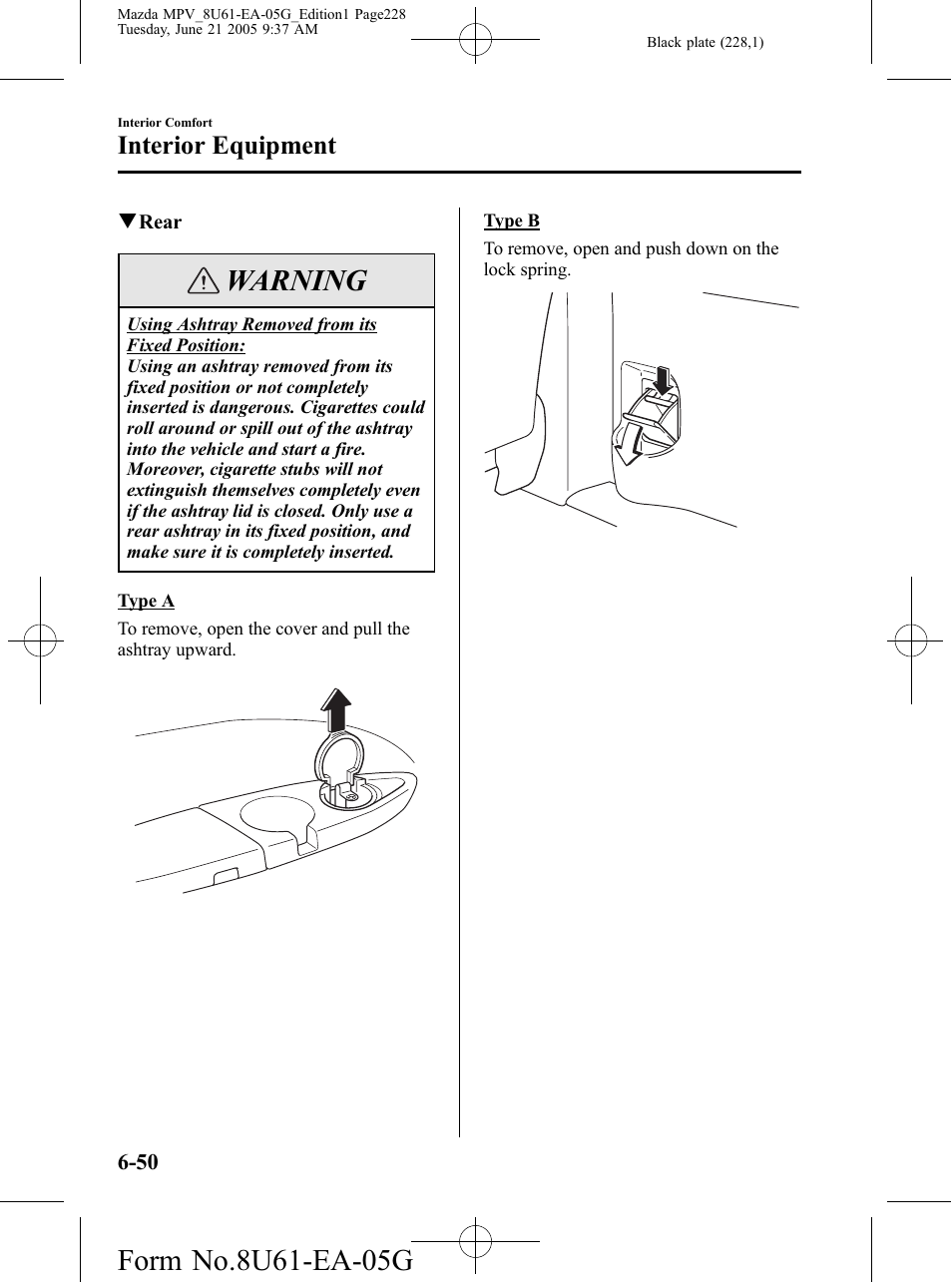 Warning, Interior equipment | Mazda 2006 MPV User Manual | Page 228 / 364