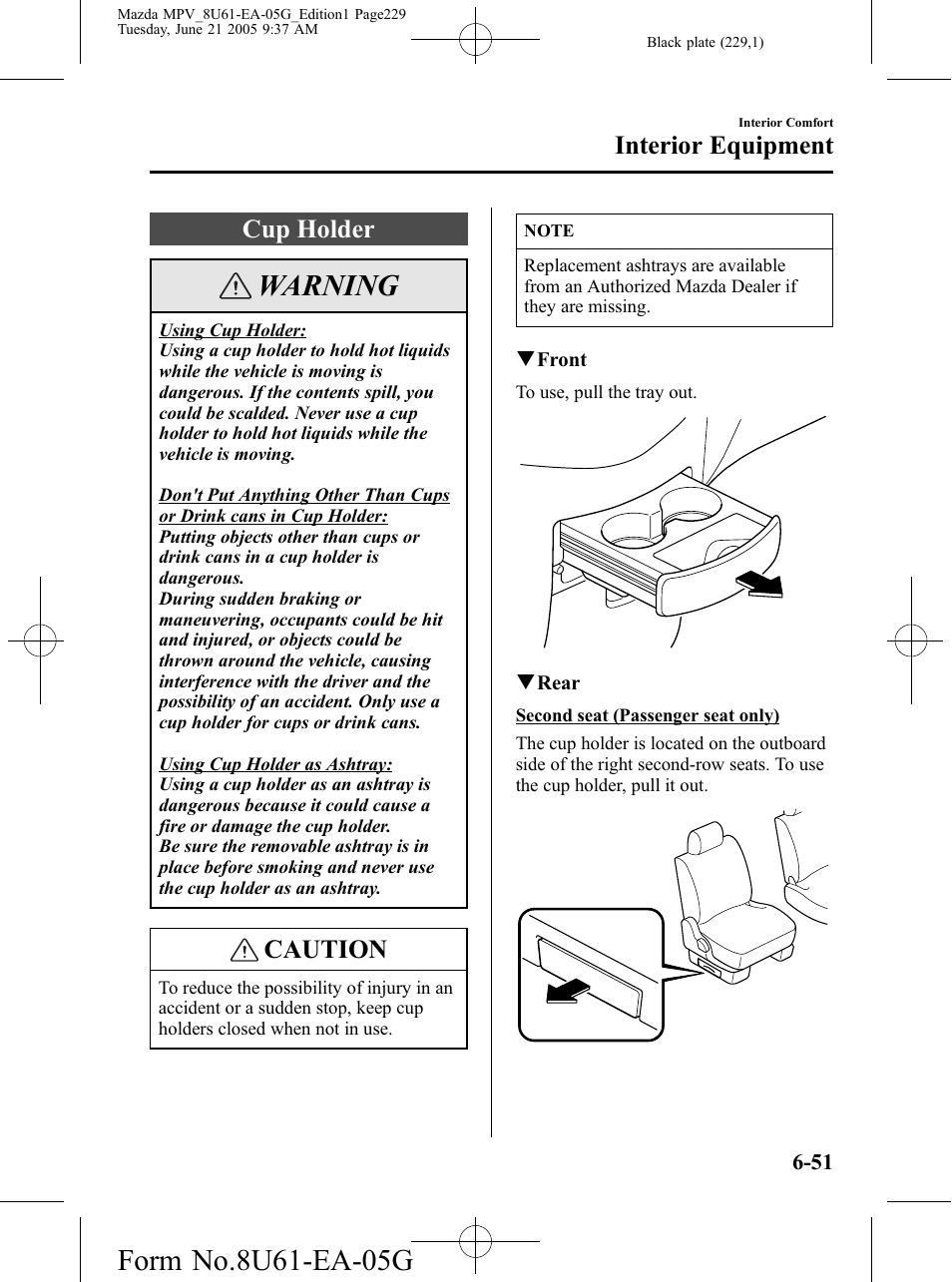 Cup holder, Cup holder -51, Warning | Caution, Interior equipment | Mazda 2006 MPV User Manual | Page 229 / 364